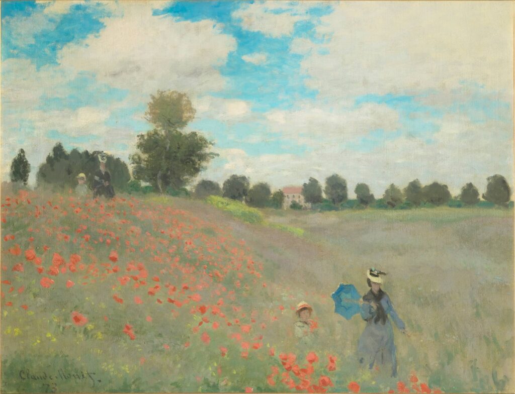 Tableau de Claude Monet de 1873 "Coquelicots". Représente un champ de coquelicots dans lequel deux personnages se promènent.