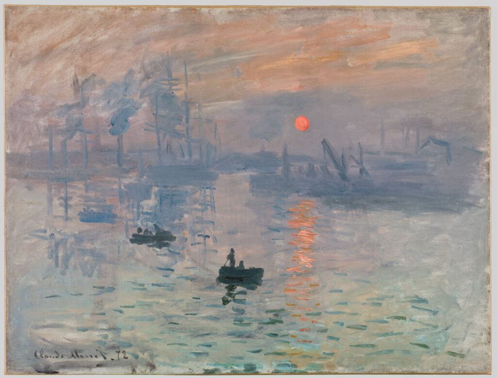 Tableau de Claude Monet de 1872 "Impression". Représente une vue matinale du port du Havre.