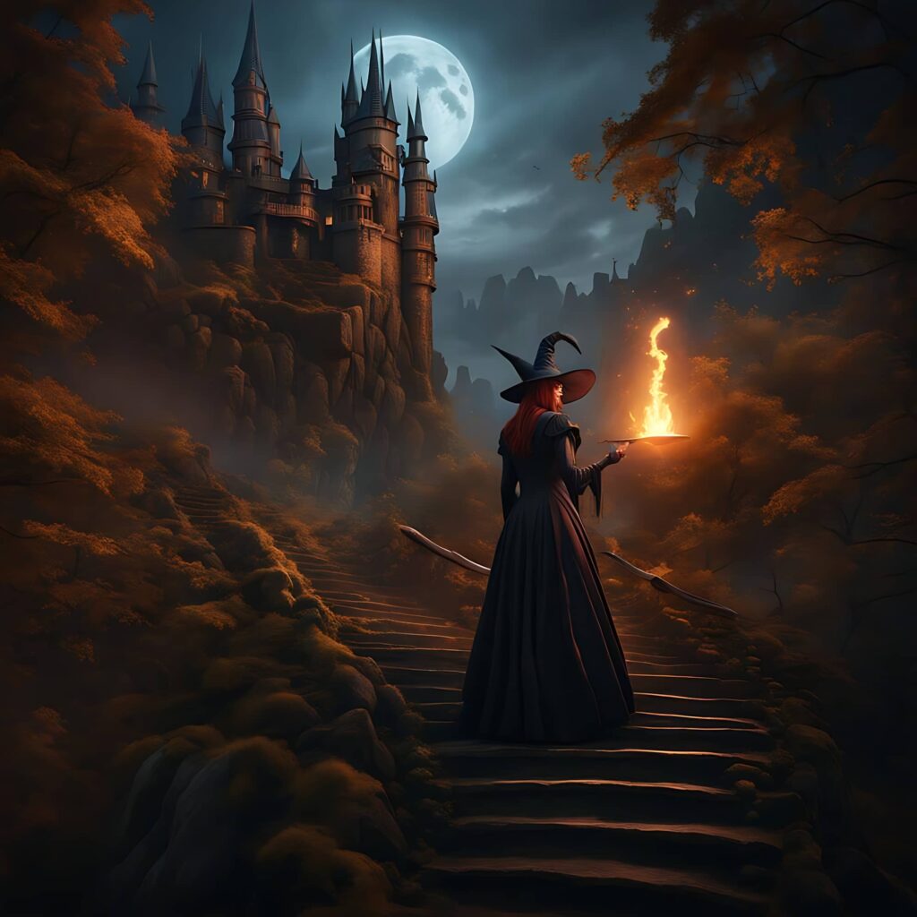 image d'une sorcière menaçante qui monte les marches d'un château