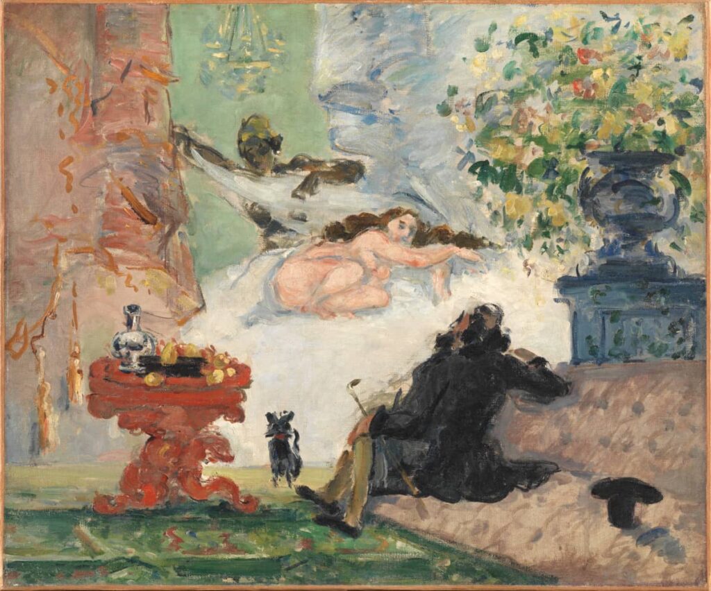 Tableau de Paul Cézanne, entre 1873 et 1874 "Une moderne Olympia". Représente une jeune femme, une Olympia, allongée. Un homme la regarde.