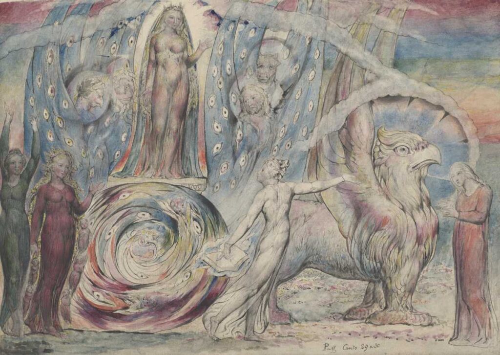 Illustration de William Blake représentant un passage de la Divine Comédie de Dante "Béatrice adressing Dante from the Car"