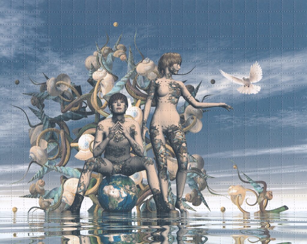 Blotter art featuring woman reaches out to a dove, a symbol of peace and freedom. The landscape is invaded by water, a symbol of the Zodiac sign of Aquarius.