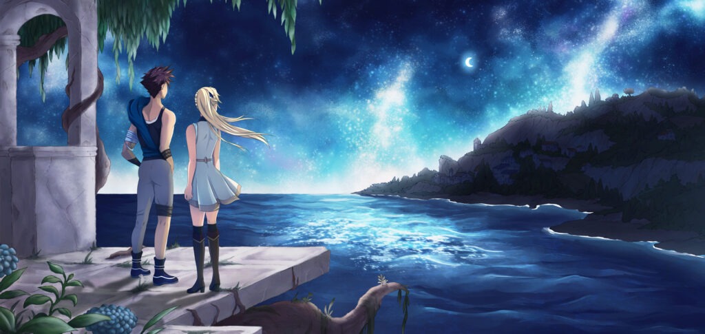 Image de jeu video face à l'océan dans le nuit avec deux personnages qui regardent l'horizon