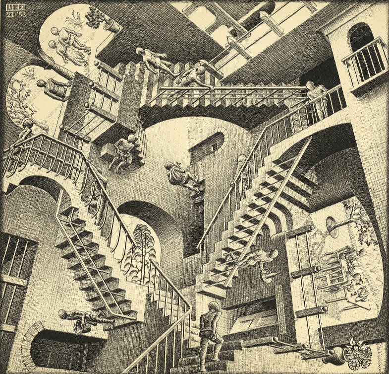 Exposition M.C Escher - image au crayon représentant des escaliers dans tous les sens