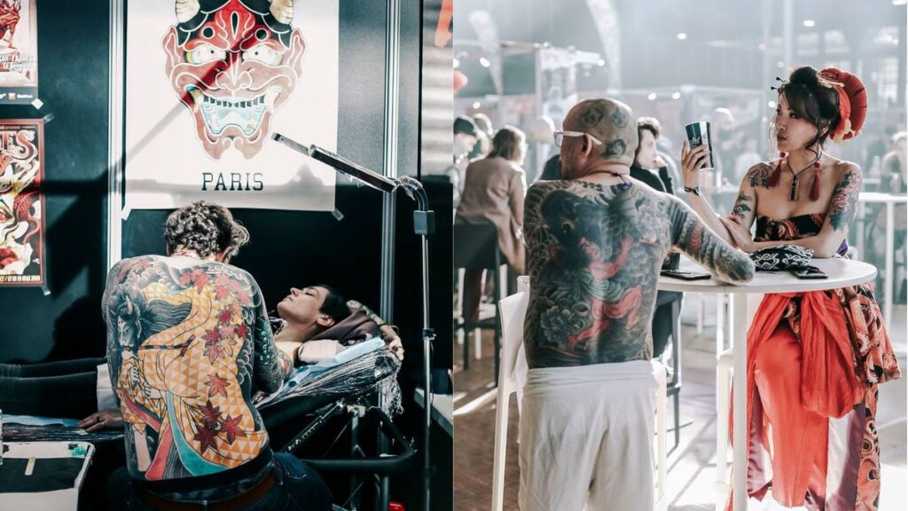 personne au Mondial du Tatouage ce faisant tatouées sur un stand
