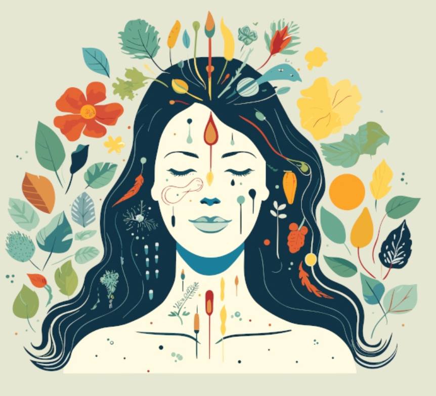Buste d'une femme dessiné entouré par des feuilles et fleurs