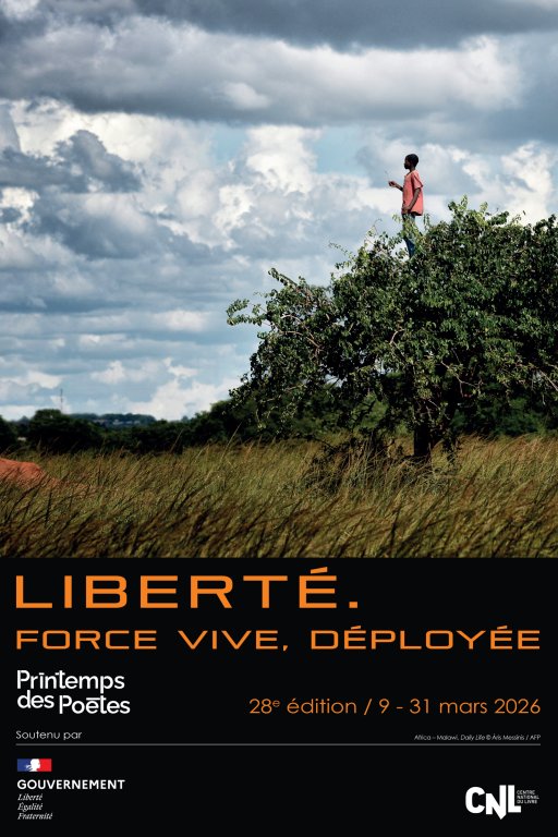 Affiche officielle du Printemps des Poètes 2026 sur le thème « La liberté. Force vive, déployée », illustrant un mouvement graphique aérien et poétique.