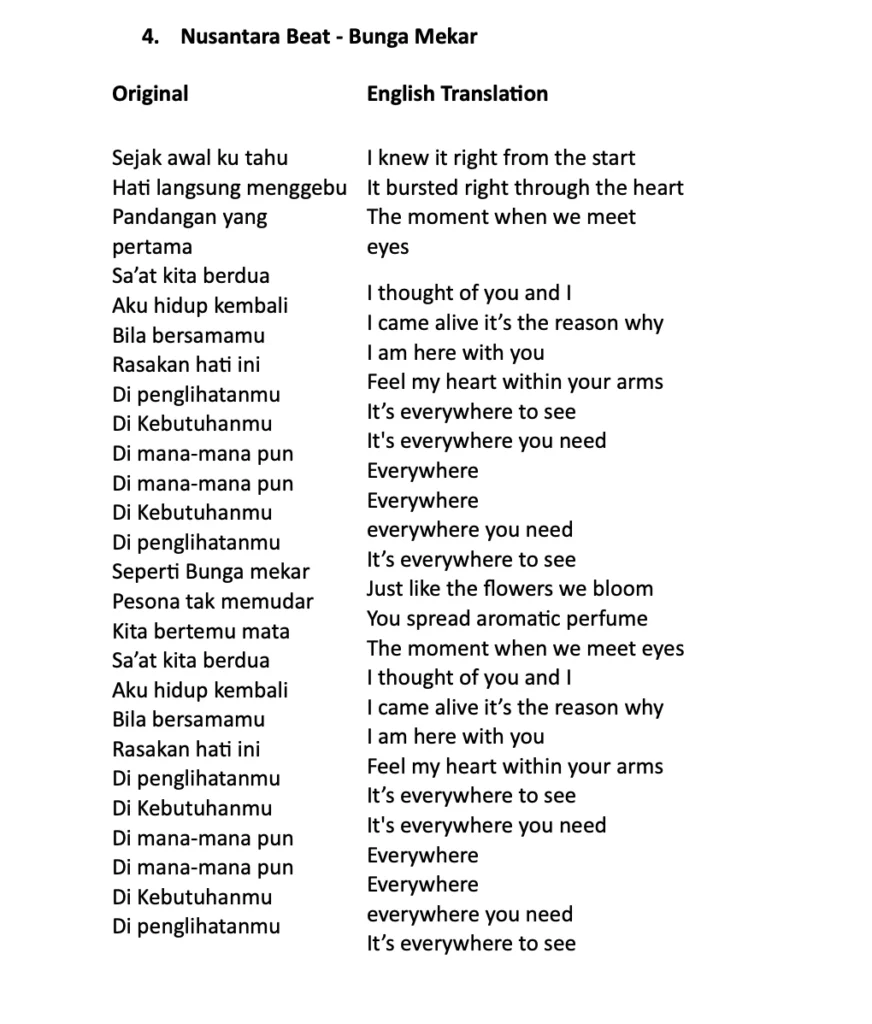 Traduction "Bunga Mekar" - Nusantara Beat