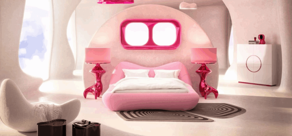 Chambre futuriste Space Age inspirée par Verner Panton : murs blancs incurvés, lit plateforme rose vif, tapis hypnotiques circulaires et lampes champignons rouges. Un design organique sans angles droits.