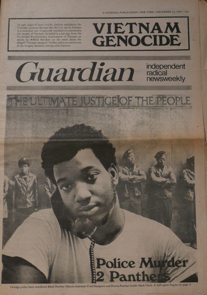 Première page du journal Guardian du 13 décembre 1969, présentant à la fois le génocide au Vietnam et l'assassinat de deux Panthers par la police américaine